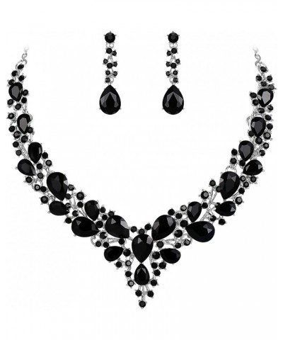 Women's Wedding Bridal Austrian Crystal Teardrop Cluster Statement Necklace Dangle Earrings Jewelry Set 14-Black Silver-Tone ...