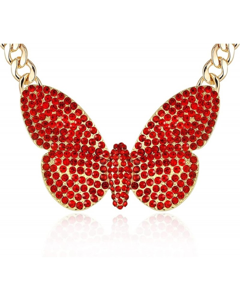 Womens Crystal Sparkly Statement Choker Butterfly Necklace Girls Linked Chunky Chain Animal Charm Pendant Costume Jewelry Red...