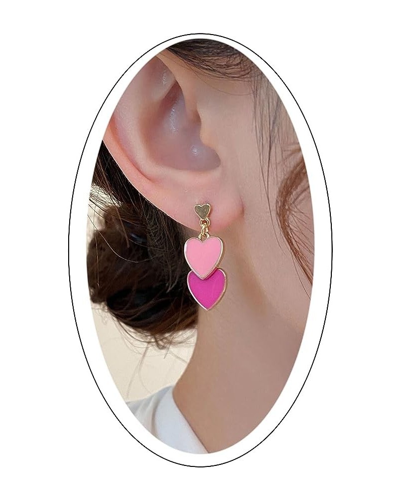 Double Heart Earring for Women Girls Hot Pink Dangle Earrings Love Heart Drop Earrings Valentine's Day Birthday Jewelry Gift ...