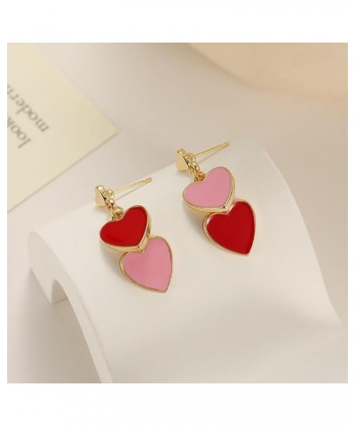 Double Heart Earring for Women Girls Hot Pink Dangle Earrings Love Heart Drop Earrings Valentine's Day Birthday Jewelry Gift ...