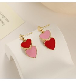 Double Heart Earring for Women Girls Hot Pink Dangle Earrings Love Heart Drop Earrings Valentine's Day Birthday Jewelry Gift ...