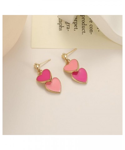 Double Heart Earring for Women Girls Hot Pink Dangle Earrings Love Heart Drop Earrings Valentine's Day Birthday Jewelry Gift ...