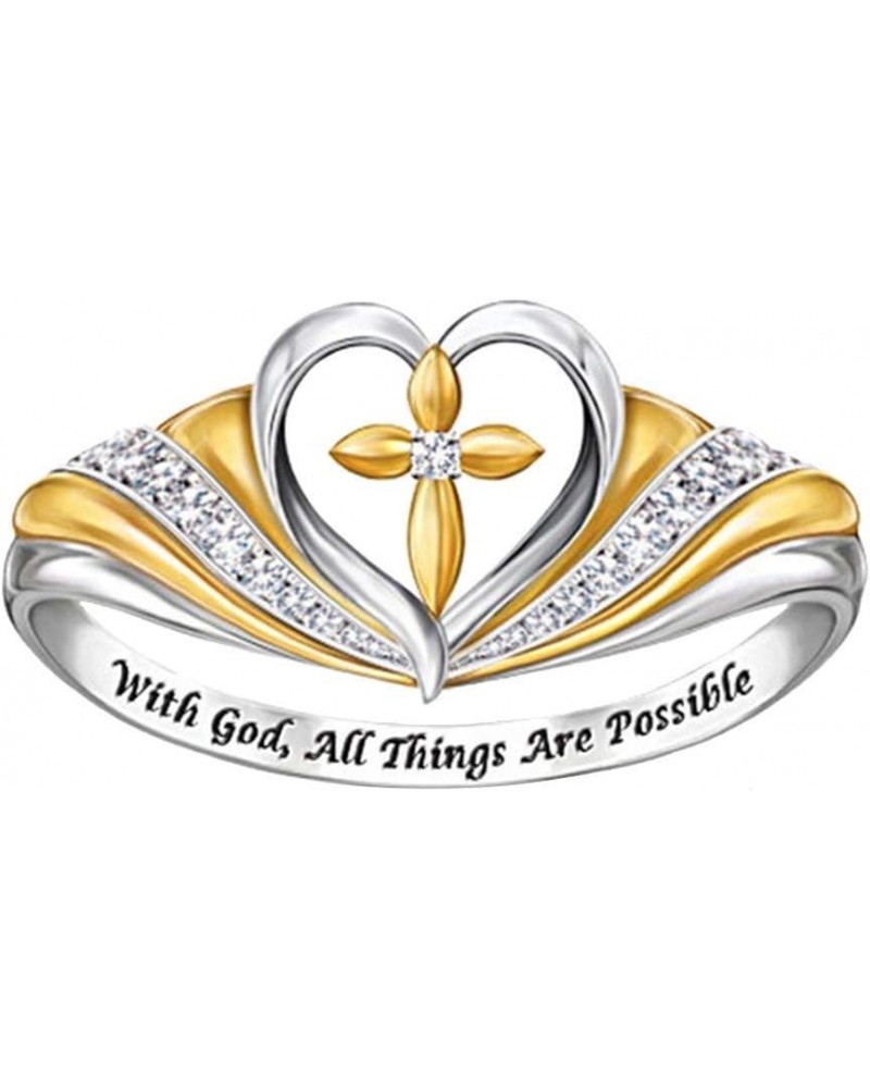 Jewelry Ring Love Rings with God All Things are Possible Women Dual Color Rhinestone Cross Heart Ring Wedding Band Best Gifts...