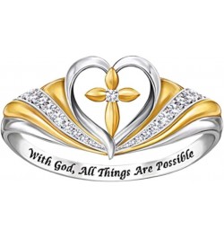 Jewelry Ring Love Rings with God All Things are Possible Women Dual Color Rhinestone Cross Heart Ring Wedding Band Best Gifts...