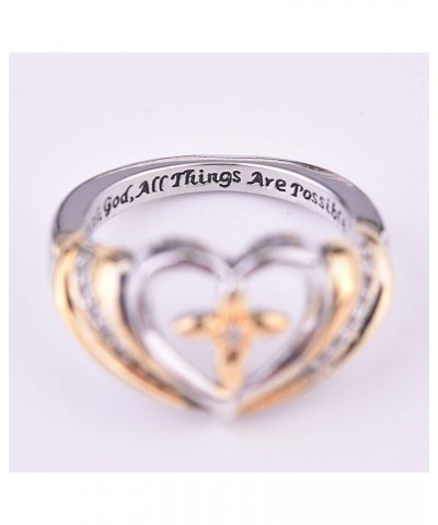 Jewelry Ring Love Rings with God All Things are Possible Women Dual Color Rhinestone Cross Heart Ring Wedding Band Best Gifts...