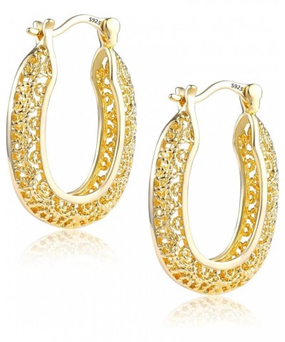 14K Gold Plated Oval Earrings, S925 Gold-Plated Mesh Filigree Hoop Earrings, with Sapphire Blue Jewelry Box B-Gold $9.68 Earr...