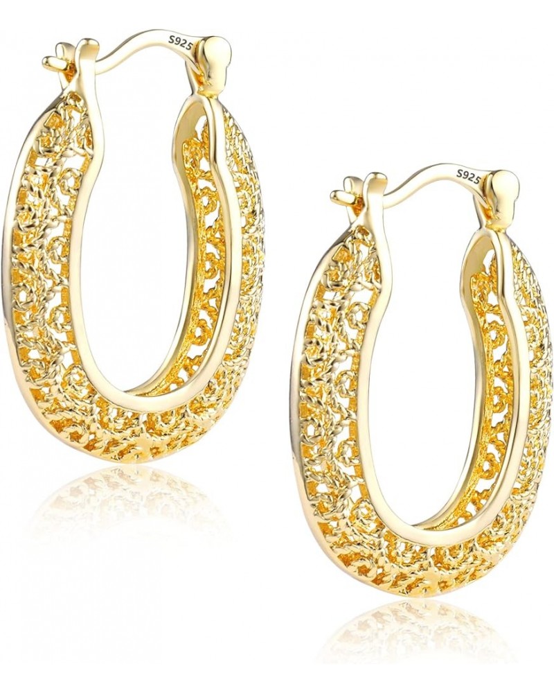 14K Gold Plated Oval Earrings, S925 Gold-Plated Mesh Filigree Hoop Earrings, with Sapphire Blue Jewelry Box B-Gold $9.68 Earr...