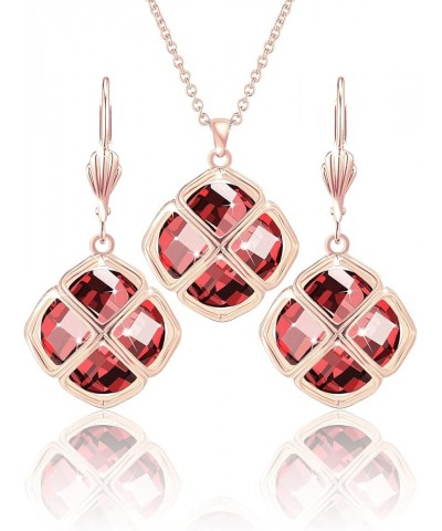 14MM Crystal Pendant Dangle Necklace Earrings Sets for Women Glod Plated Costume Jewelry Jul-Ruby-Rose Gold $14.28 Jewelry Sets