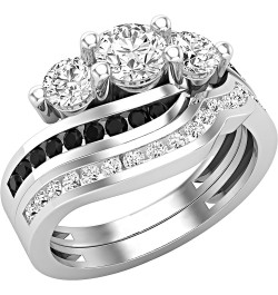 Round Gemstone, Black & White Diamond Ladies Twisted Bypass 3 Stone Wedding Ring Set, Available in Various Gemstones & Metal ...