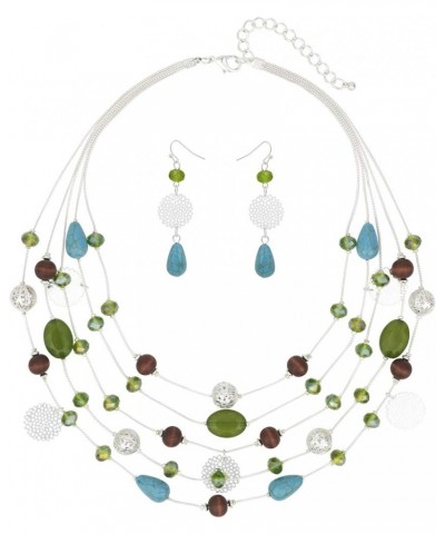 5Layer Multi Color Beaded Illusion Wire Collar Statement Necklace with Earrings for Women N0026-Blue+Green $11.39 Jewelry Sets