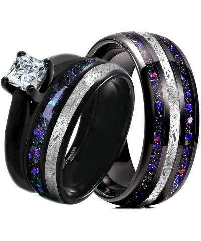 3-Pc Matching Rings for Couples - Luxurious Wedding Rings Sets for Him and Her - Promise Rings Set with Real Meteorite & Blue...