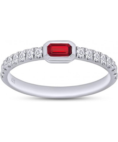 Emerald Cut Simulated Ruby & Round Lab Created Moissanite Diamond Bezel Set Stackable Wedding Ring Band for Women In 14K Whit...