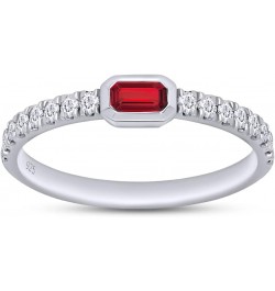 Emerald Cut Simulated Ruby & Round Lab Created Moissanite Diamond Bezel Set Stackable Wedding Ring Band for Women In 14K Whit...