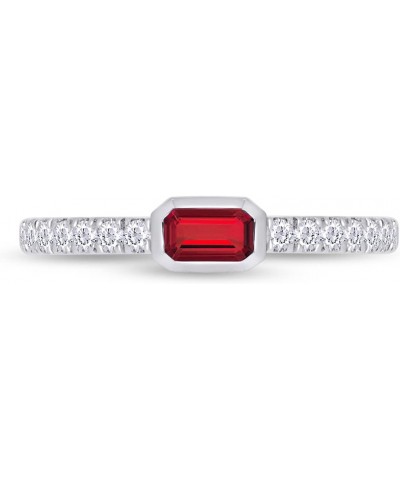 Emerald Cut Simulated Ruby & Round Lab Created Moissanite Diamond Bezel Set Stackable Wedding Ring Band for Women In 14K Whit...