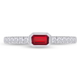 Emerald Cut Simulated Ruby & Round Lab Created Moissanite Diamond Bezel Set Stackable Wedding Ring Band for Women In 14K Whit...