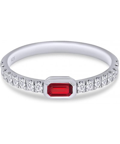 Emerald Cut Simulated Ruby & Round Lab Created Moissanite Diamond Bezel Set Stackable Wedding Ring Band for Women In 14K Whit...