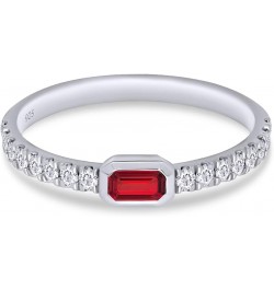 Emerald Cut Simulated Ruby & Round Lab Created Moissanite Diamond Bezel Set Stackable Wedding Ring Band for Women In 14K Whit...