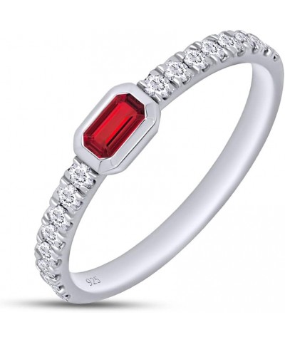 Emerald Cut Simulated Ruby & Round Lab Created Moissanite Diamond Bezel Set Stackable Wedding Ring Band for Women In 14K Whit...