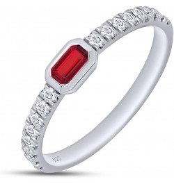 Emerald Cut Simulated Ruby & Round Lab Created Moissanite Diamond Bezel Set Stackable Wedding Ring Band for Women In 14K Whit...