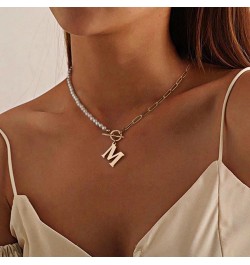 Pearl Initial Necklaces for Women Trendy, 14k Gold Plated Dainty Simulated Shell Pearl Initial Necklace Paperclip Chain Toggl...