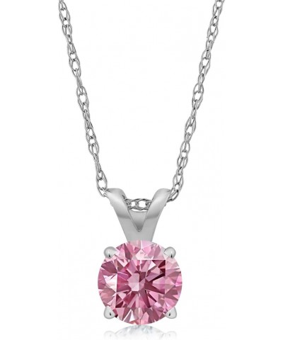 14K White Gold Pink Lab Grown Diamond Solitaire Pendant Necklace For Women (0.25 Cttw, Gemstone April Birthstone, Round 4MM, ...