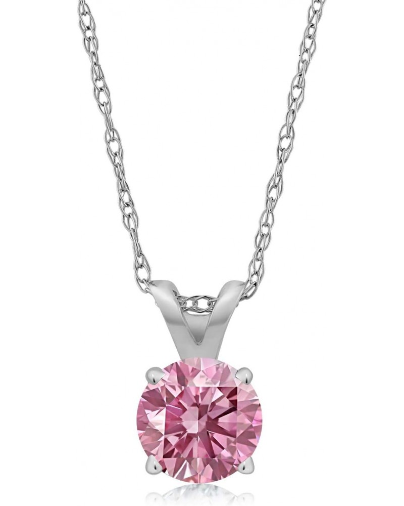 14K White Gold Pink Lab Grown Diamond Solitaire Pendant Necklace For Women (0.25 Cttw, Gemstone April Birthstone, Round 4MM, ...