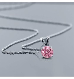 14K White Gold Pink Lab Grown Diamond Solitaire Pendant Necklace For Women (0.25 Cttw, Gemstone April Birthstone, Round 4MM, ...