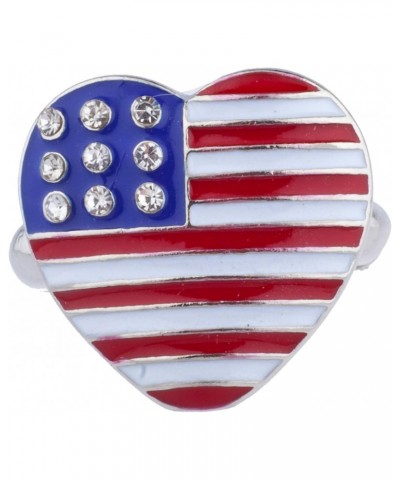 Silver Tone American Flag Theme Heart Shaped Rhinestones Ring $8.17 Rings