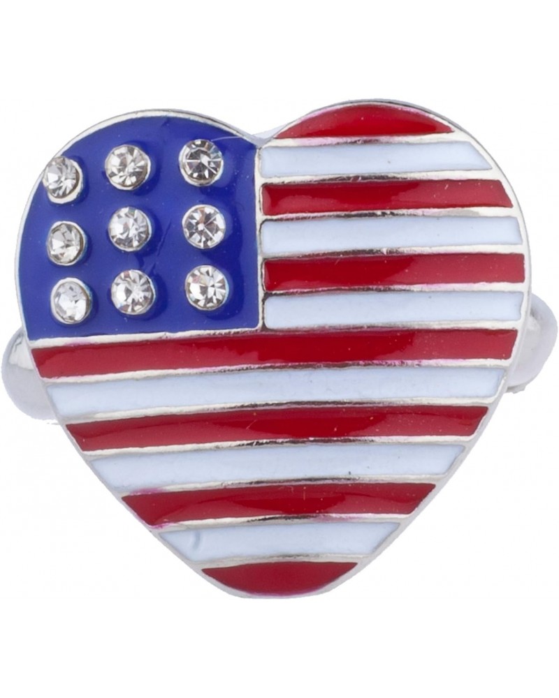 Silver Tone American Flag Theme Heart Shaped Rhinestones Ring $8.17 Rings