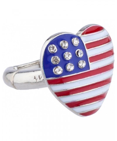 Silver Tone American Flag Theme Heart Shaped Rhinestones Ring $8.17 Rings