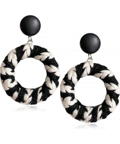 Unique Handmade Bohemian Vintage Black White Braided Wire Hollow Round Dangle Drop Earrings Circle Geometry Stud Earrings for...