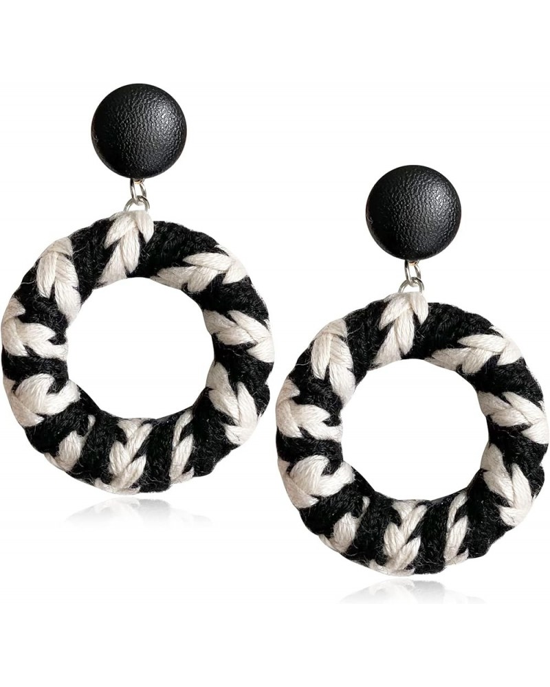 Unique Handmade Bohemian Vintage Black White Braided Wire Hollow Round Dangle Drop Earrings Circle Geometry Stud Earrings for...