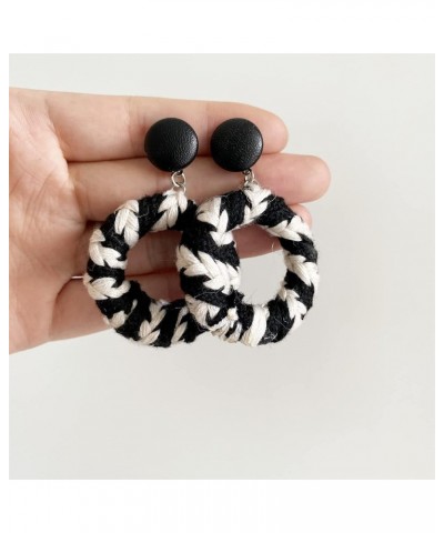 Unique Handmade Bohemian Vintage Black White Braided Wire Hollow Round Dangle Drop Earrings Circle Geometry Stud Earrings for...