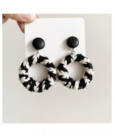 Unique Handmade Bohemian Vintage Black White Braided Wire Hollow Round Dangle Drop Earrings Circle Geometry Stud Earrings for...