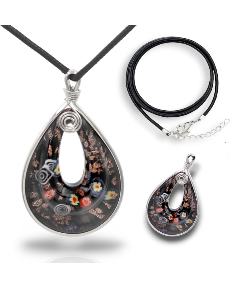 Handmade Murano Inspired Blown Glass Lampwork Art Black Millefiori Teardrop Donut Necklace Pendant Handcrafted Artisan Hypoal...