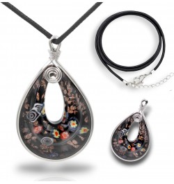 Handmade Murano Inspired Blown Glass Lampwork Art Black Millefiori Teardrop Donut Necklace Pendant Handcrafted Artisan Hypoal...