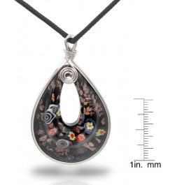 Handmade Murano Inspired Blown Glass Lampwork Art Black Millefiori Teardrop Donut Necklace Pendant Handcrafted Artisan Hypoal...