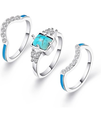 3 PCS Ring Set Natural Turquoise Diamond Rings Western Jewelry Turquoise Silver Color Rings for Women Bohemian Joint Knuckle ...