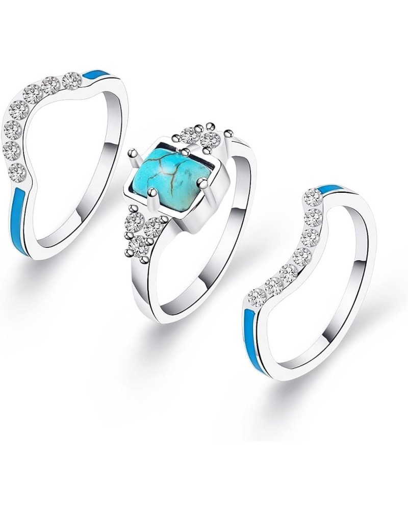 3 PCS Ring Set Natural Turquoise Diamond Rings Western Jewelry Turquoise Silver Color Rings for Women Bohemian Joint Knuckle ...