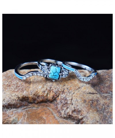 3 PCS Ring Set Natural Turquoise Diamond Rings Western Jewelry Turquoise Silver Color Rings for Women Bohemian Joint Knuckle ...