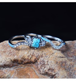 3 PCS Ring Set Natural Turquoise Diamond Rings Western Jewelry Turquoise Silver Color Rings for Women Bohemian Joint Knuckle ...