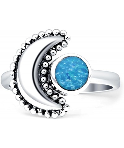 Crescent Moon Ring Oxidized Beaded Fashion Statement Thumb Ring 925 Sterling Silver Created Blue Opal White Tone Sterling Sil...