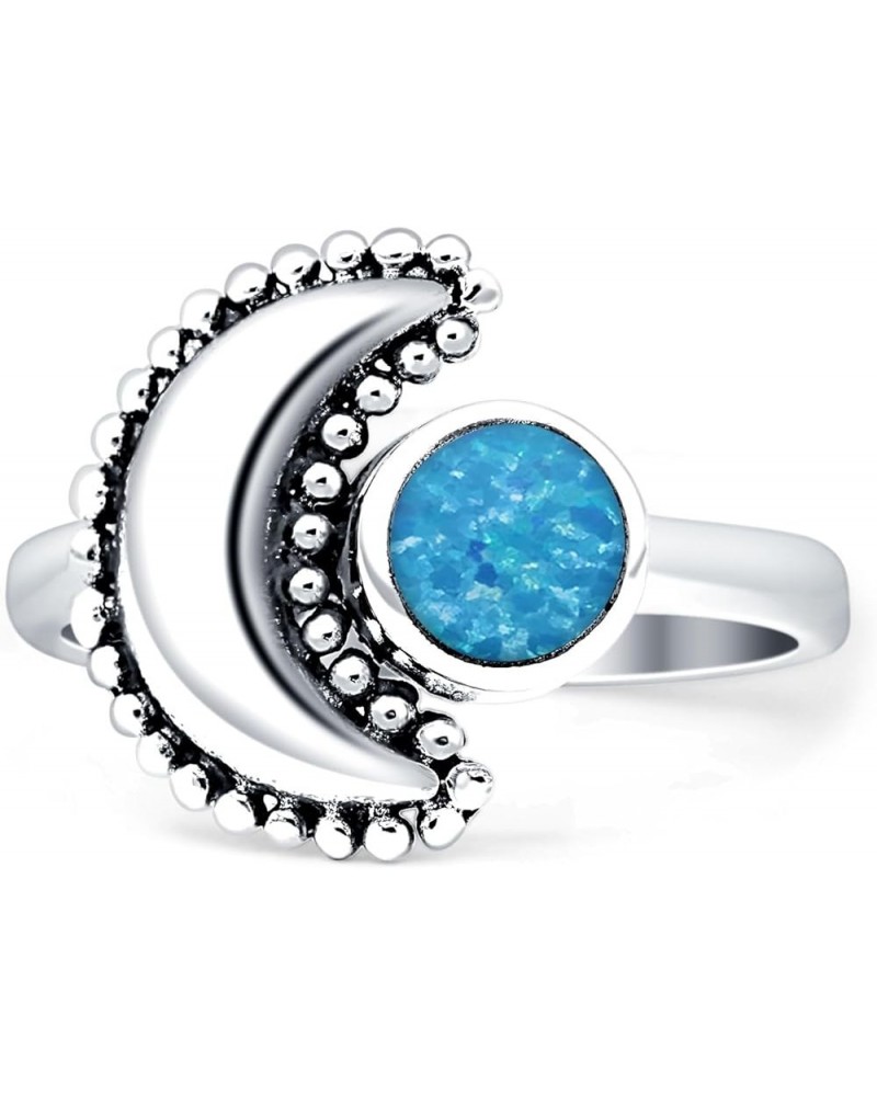 Crescent Moon Ring Oxidized Beaded Fashion Statement Thumb Ring 925 Sterling Silver Created Blue Opal White Tone Sterling Sil...