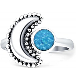 Crescent Moon Ring Oxidized Beaded Fashion Statement Thumb Ring 925 Sterling Silver Created Blue Opal White Tone Sterling Sil...