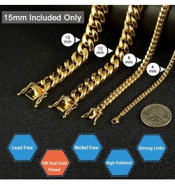 Gold Cuban Link Chain Necklace or Bracelet for Men 15mm 18K Stainless Steel Chunky Thick Heavy Miami Curb Chains 8-30 inch Va...