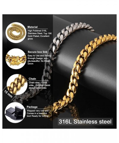 Gold Cuban Link Chain Necklace or Bracelet for Men 15mm 18K Stainless Steel Chunky Thick Heavy Miami Curb Chains 8-30 inch Va...