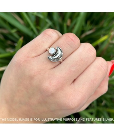 Crescent Moon Ring Oxidized Beaded Fashion Statement Thumb Ring 925 Sterling Silver Created Blue Opal White Tone Sterling Sil...