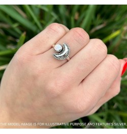 Crescent Moon Ring Oxidized Beaded Fashion Statement Thumb Ring 925 Sterling Silver Created Blue Opal White Tone Sterling Sil...