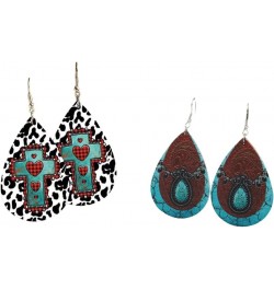 Western Cowgirl Cowboy Earrings Set Boho Aztec Pattern Leather Earrings for Women Boho Vintage Handmade Bohemian Turquoise Je...