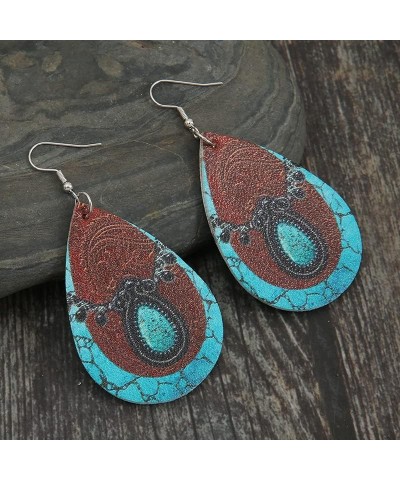 Western Cowgirl Cowboy Earrings Set Boho Aztec Pattern Leather Earrings for Women Boho Vintage Handmade Bohemian Turquoise Je...